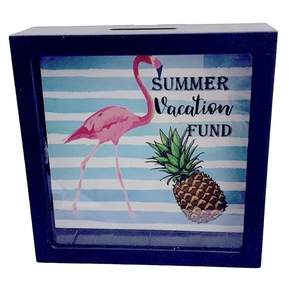 Piggy Bank Flamingo Summer Vacation Fund Tropical Pineapple Shadowbox Square